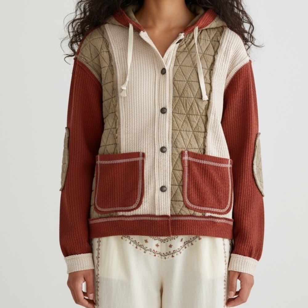 New BiBi Women’s Thermal Quilted Waffle Sweater Patchwork Shacket Jacket Size SM - Picture 3 of 16